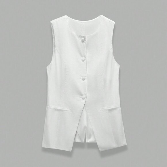 White Casual Women's Solid Button Front Vest Blazer - Picture 3 of 7